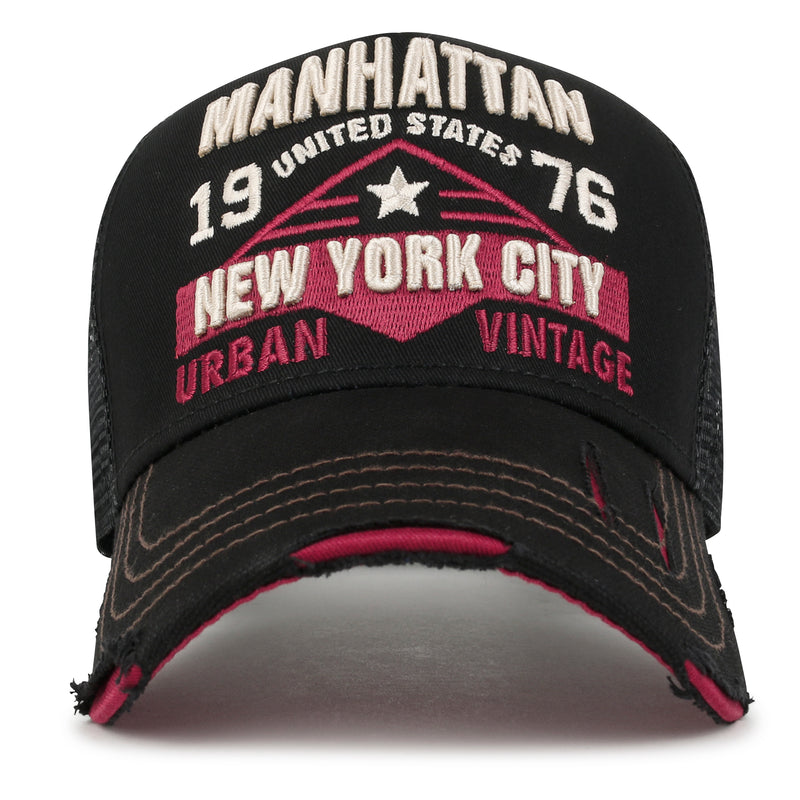 ililily Premium Manhattan Wide Embroidery Trucker Hat Vintage Baseball Cap Medium / Red- Manhattan