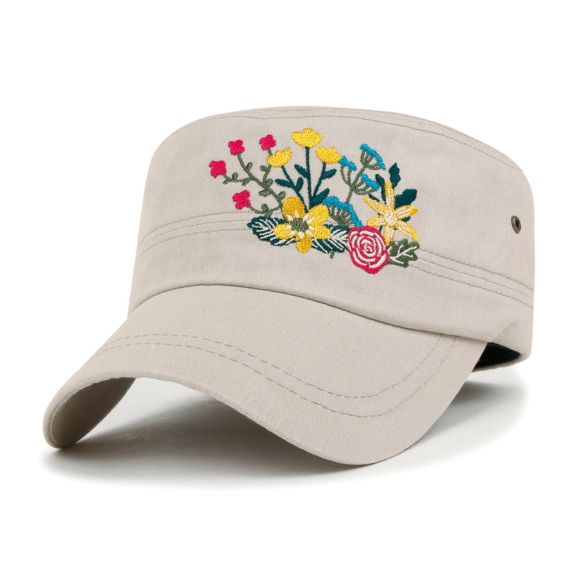 ililily Flower Embroidery Cotton Military Army Hat Women Casual Cadet