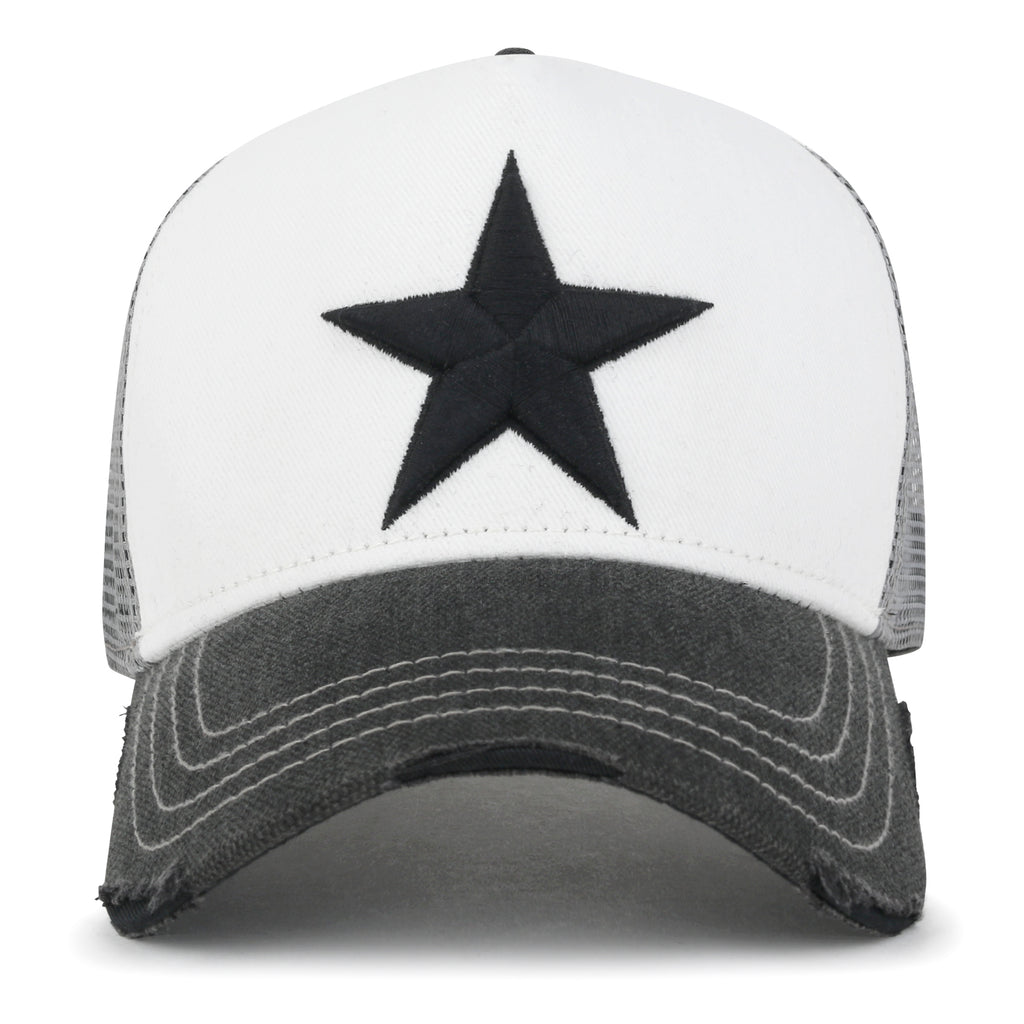 ililily Premium Star Embroidery Structured Crown Vintage Trucker Hat