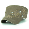 ililily Crystal Gemstone Stud Flower Vintage Cotton Military Army Hat Cadet Cap