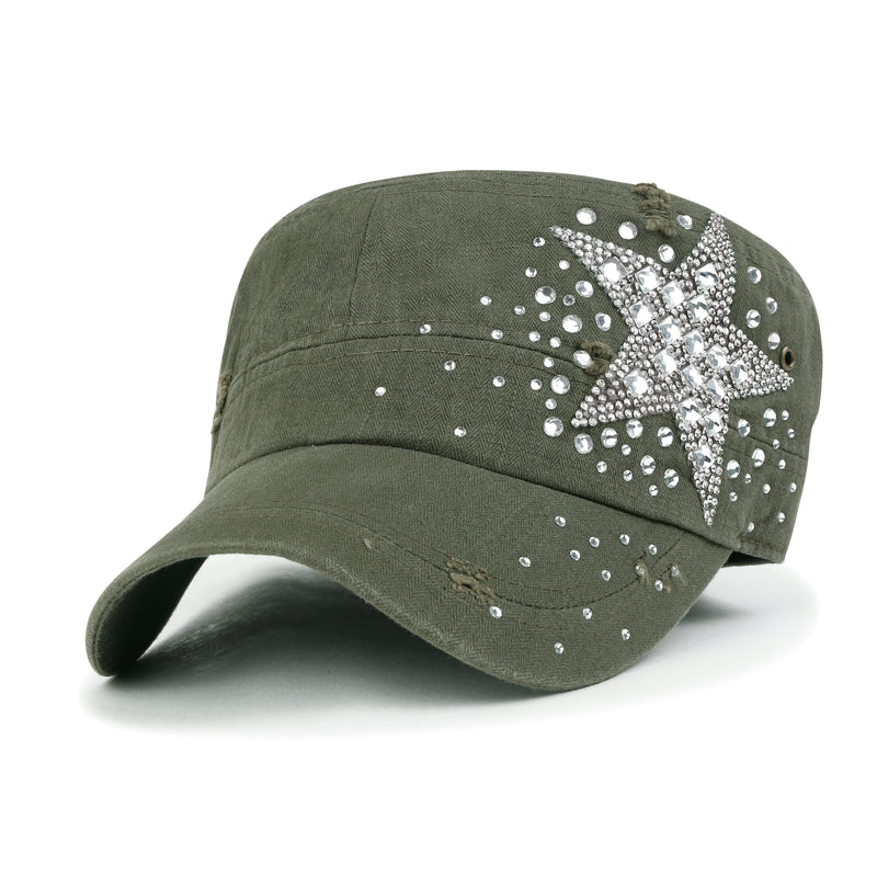ililily Vintage Distressed Cotton Army Hat Star Shape Rhinestone Cadet Cap
