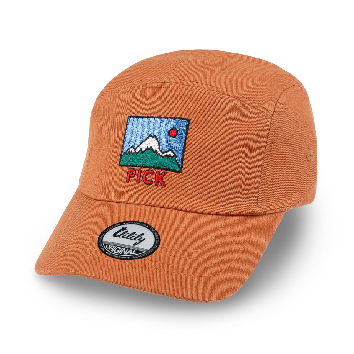 ililily Pick Embroidered Panel Camp Hat Solid Color Cotton Flat Brim Cadet Cap