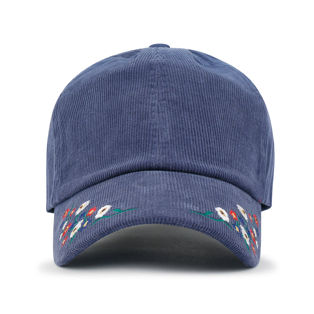 ililily Flower Embroidery Color Baseball Cap Cotton Corduroy Adjustable Hat Navy