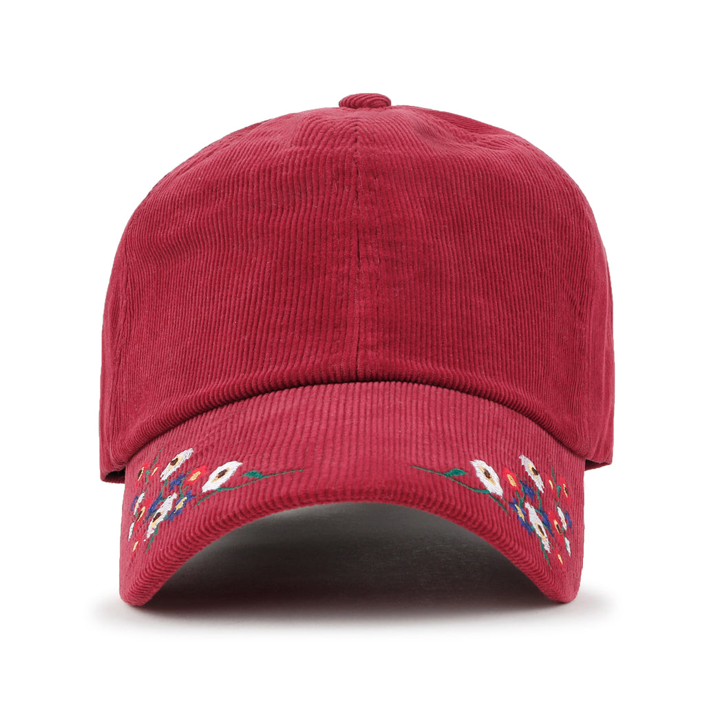 ililily Flower Embroidery Color Baseball Cap Cotton Corduroy Adjustable Hat Red