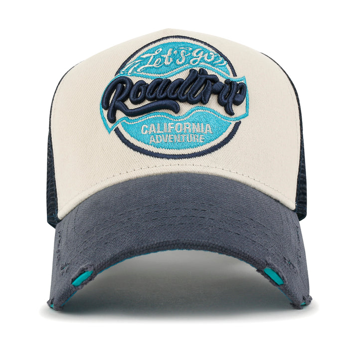 ililily Premium ROAD TRIP Round Embroidery Trucker Hat Vintage Baseball Cap