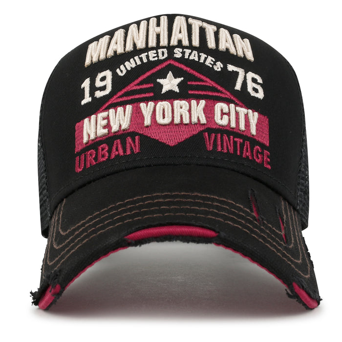 ililily PREMIUM Manhattan Wide Embroidery Trucker Hat Vintage Baseball Cap
