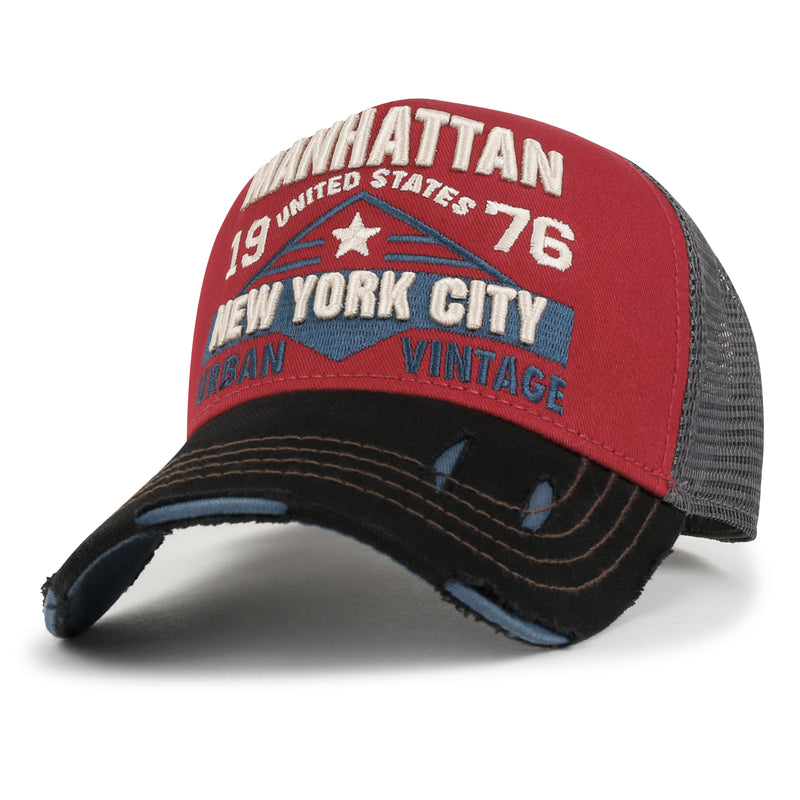 ililily Premium Manhattan Wide Embroidery Trucker Hat Vintage Baseball Cap Medium / Red- Manhattan