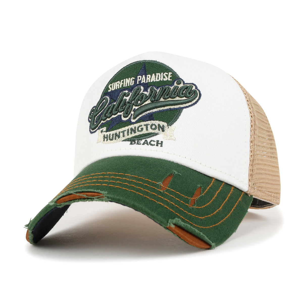 ililily PREMIUM California Huntington Round Embroidery Hat Vintage Baseball Cap