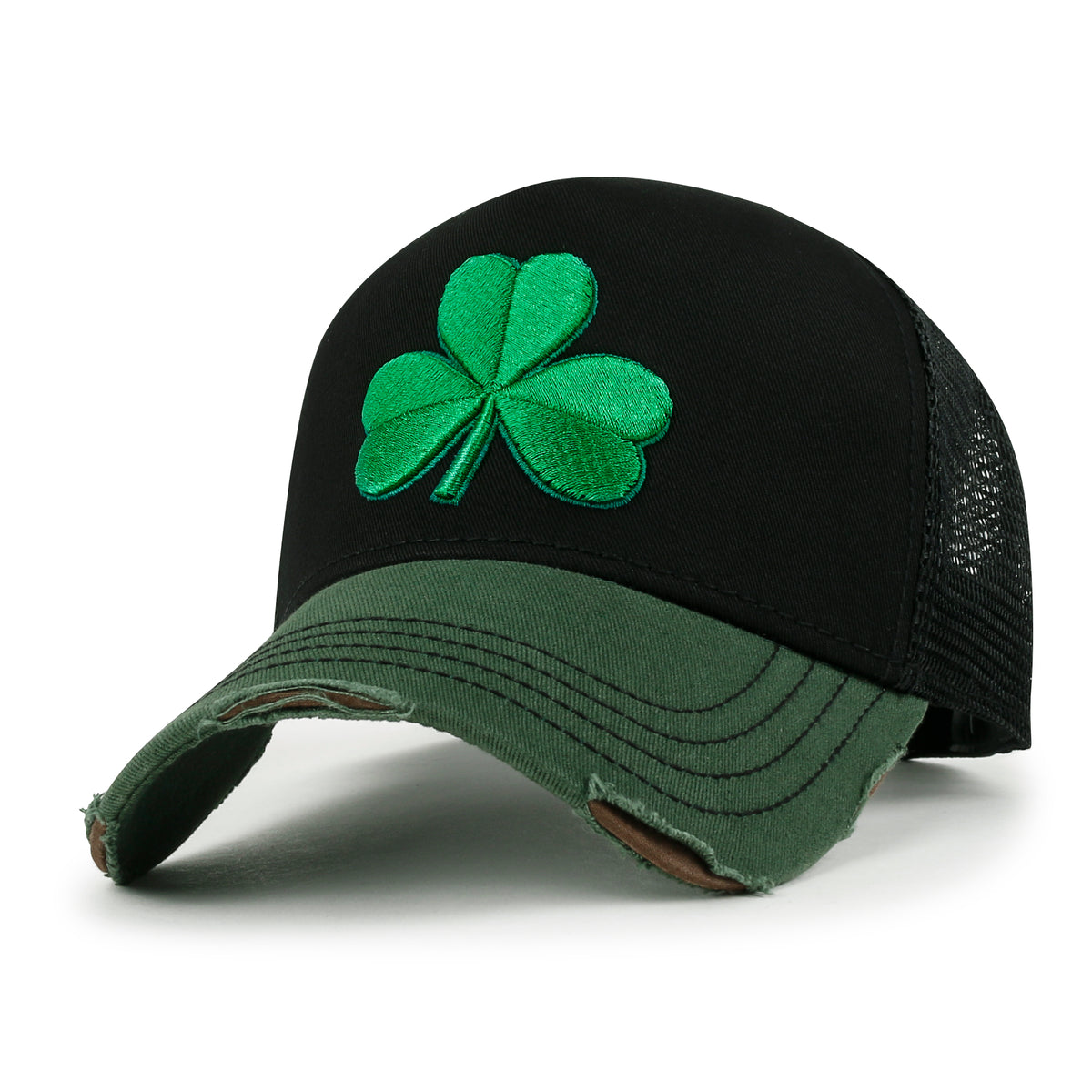 ililily PREMIUM Clover Embroidery Cotton Trucker Hat Distressed Baseball Cap