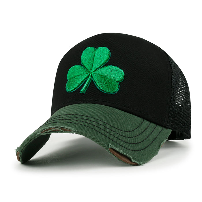 ililily PREMIUM Clover Embroidery Cotton Trucker Hat Distressed Baseball Cap