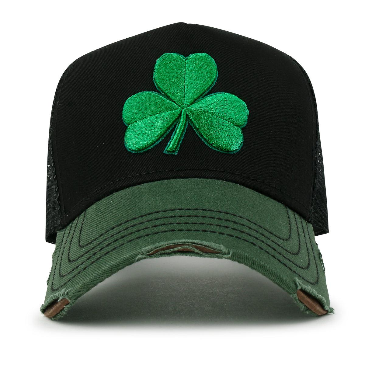 ililily PREMIUM Clover Embroidery Cotton Trucker Hat Distressed Baseball Cap