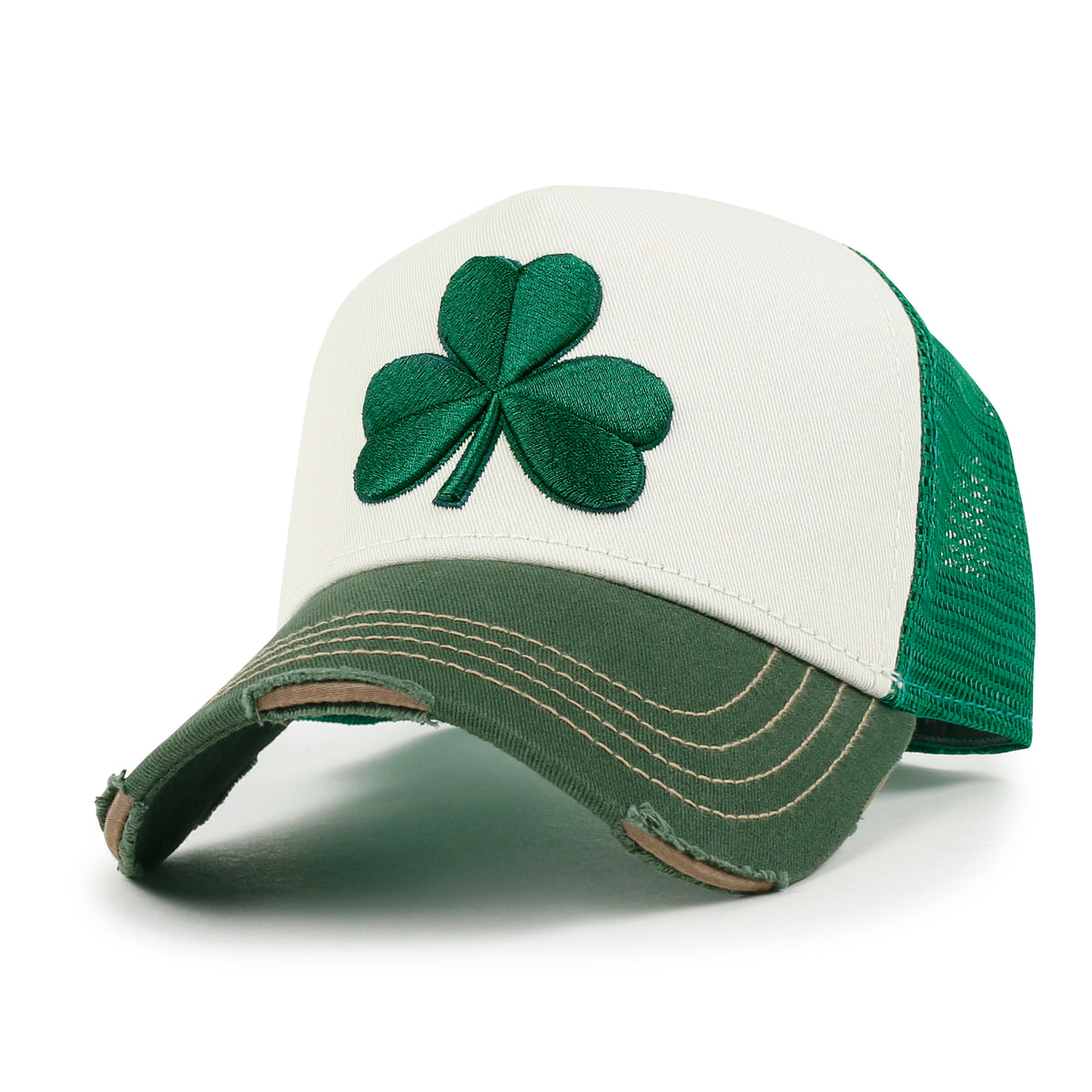 ililily PREMIUM Clover Embroidery Cotton Trucker Hat Distressed Baseball Cap