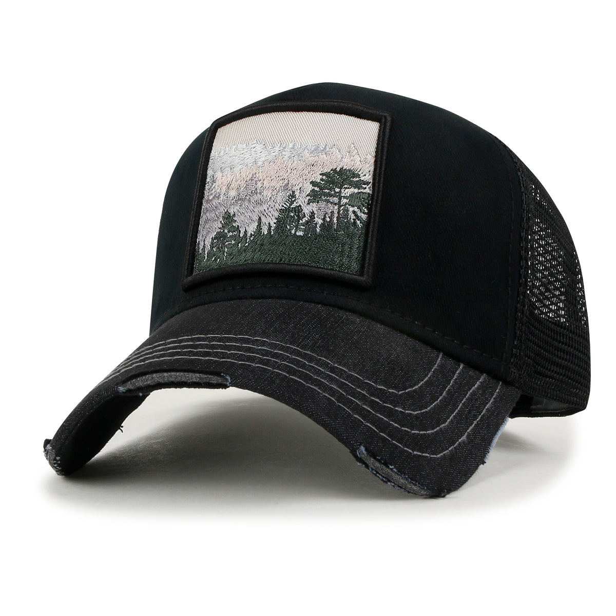 ililily PREMIUM Forest Embroidery Cotton Trucker Hat Distressed Baseball Cap