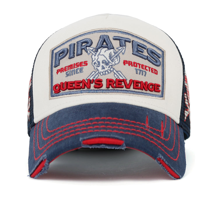 ililily PREMIUM Pirate Embroidery Distressed Trucker Hat Casual Baseball Cap
