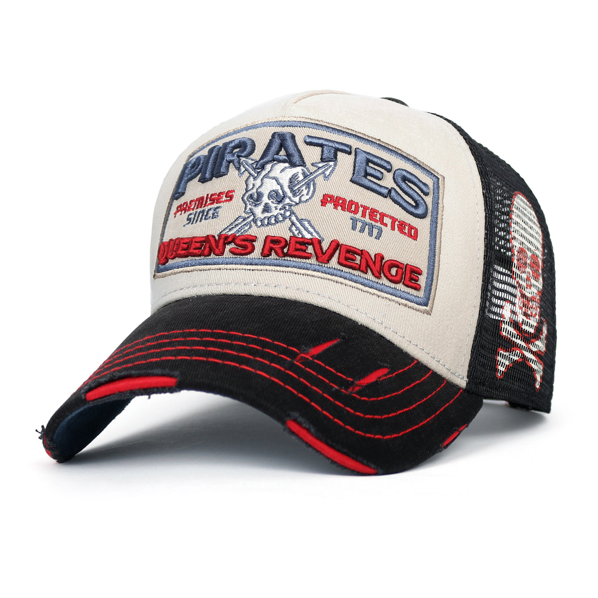ililily PREMIUM Pirate Embroidery Distressed Trucker Hat Casual Baseball Cap