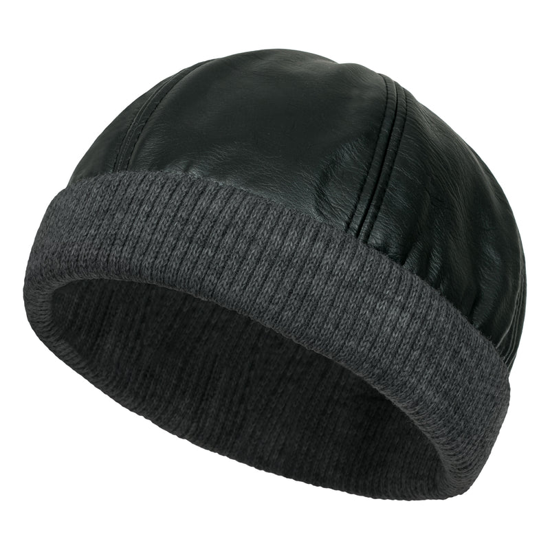 ililily Faux Leather Solid Color Skully Beanie Ribbed Knit Band Hat