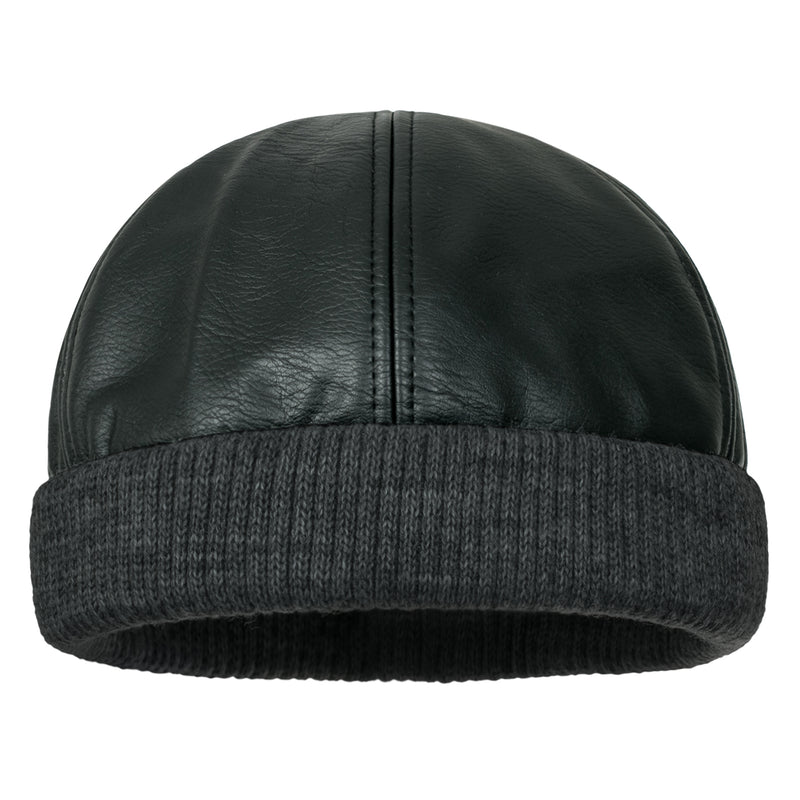 ililily Faux Leather Solid Color Skully Beanie Ribbed Knit Band Hat