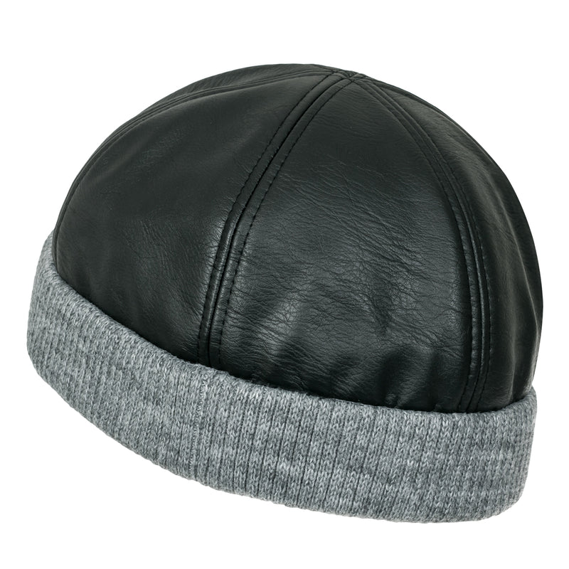 ililily Faux Leather Solid Color Skully Beanie Ribbed Knit Band Hat