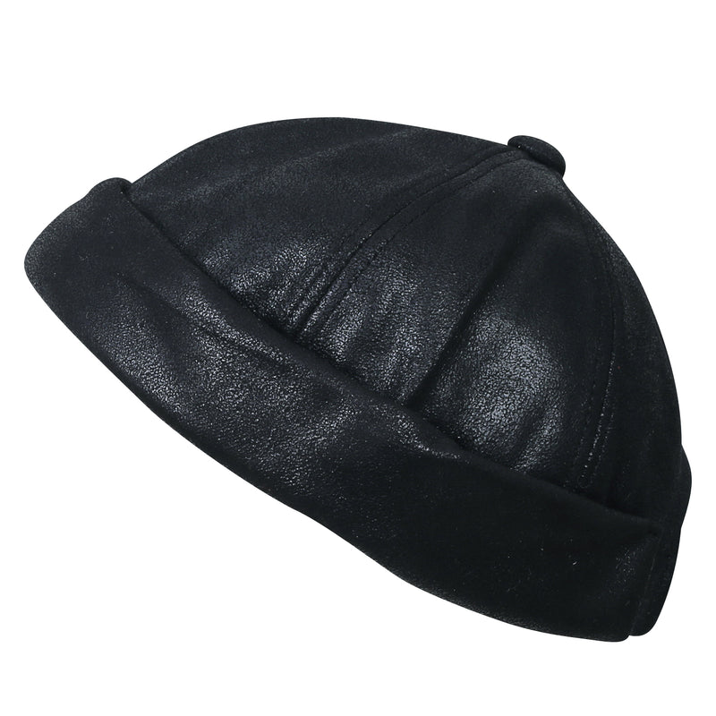 ililily Faux Leather Solid Color Short Beanie Strap Back Winter Hat Casual Cap