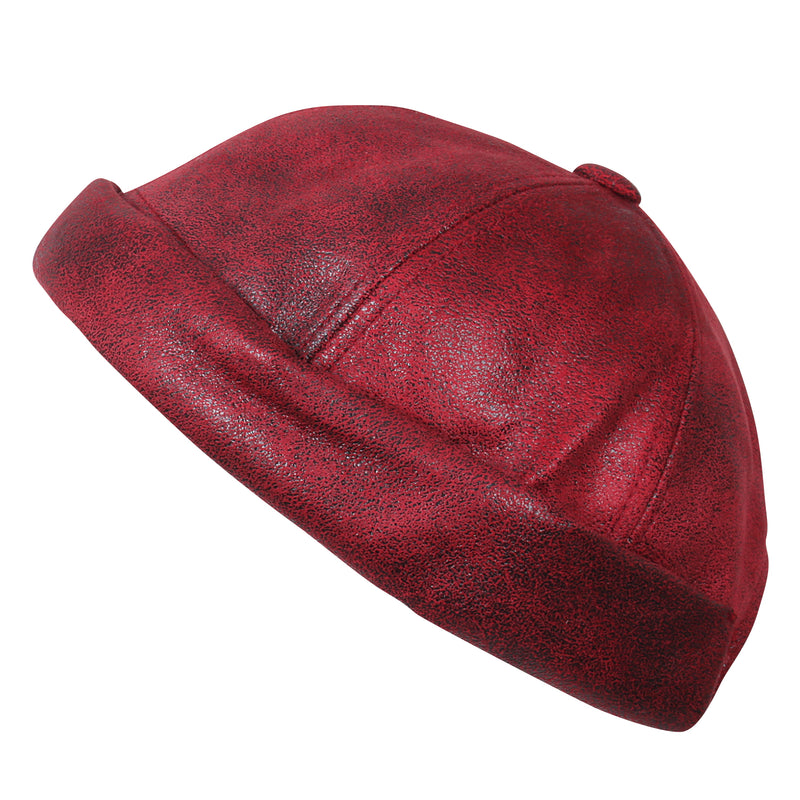 ililily Faux Leather Solid Color Short Beanie Strap Back Winter Hat Casual Cap