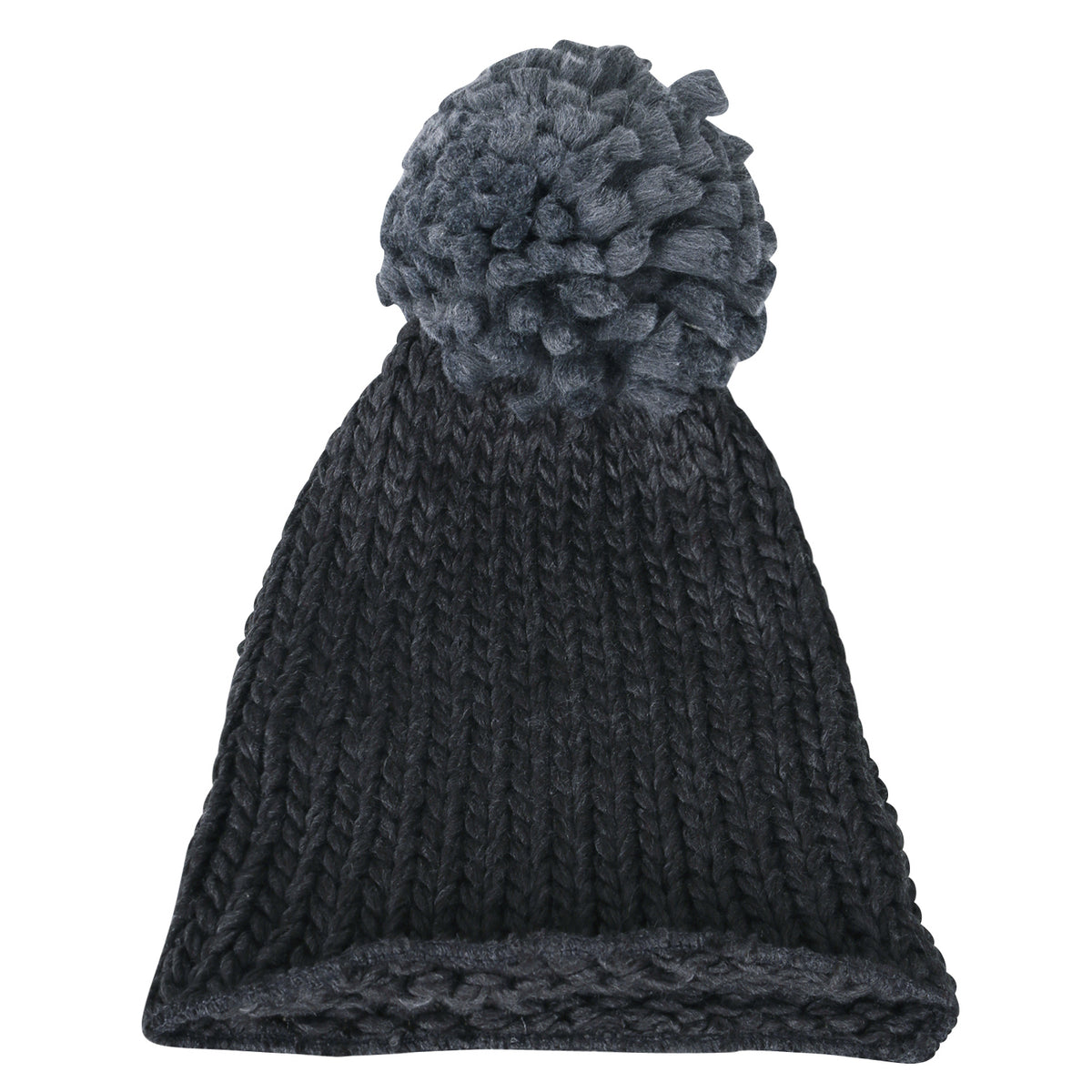 ililily Solid Color Fold Over Long Pompom Beanie Winter Ribbed Knit Slouchy Hat