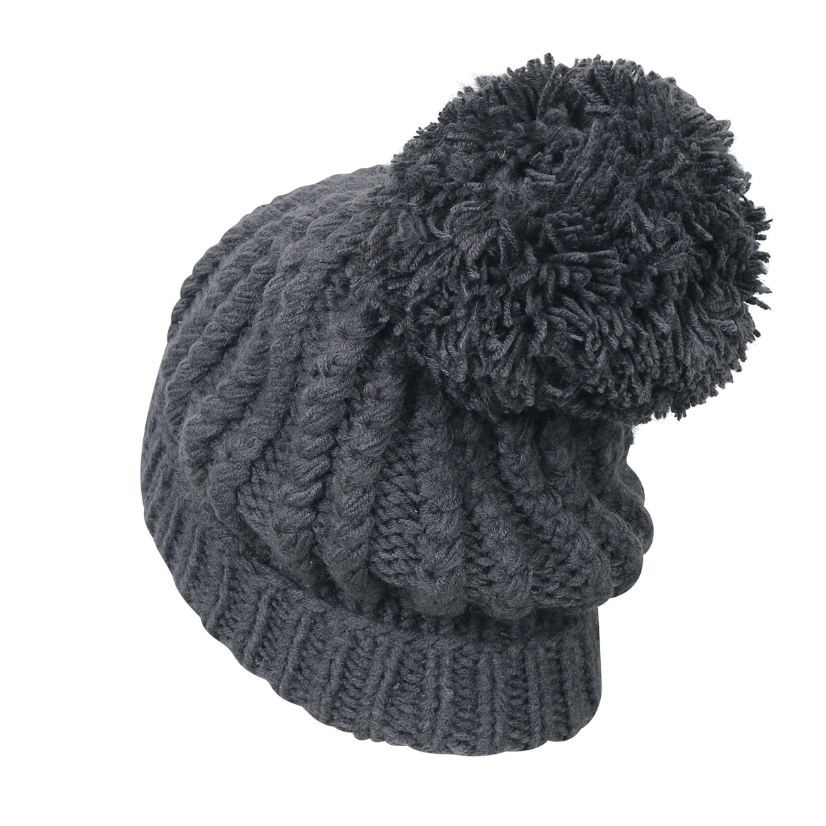 ililily Solid Color Fold Over Pompom Beanie NY Winter Ribbed Knit Slouchy Hat