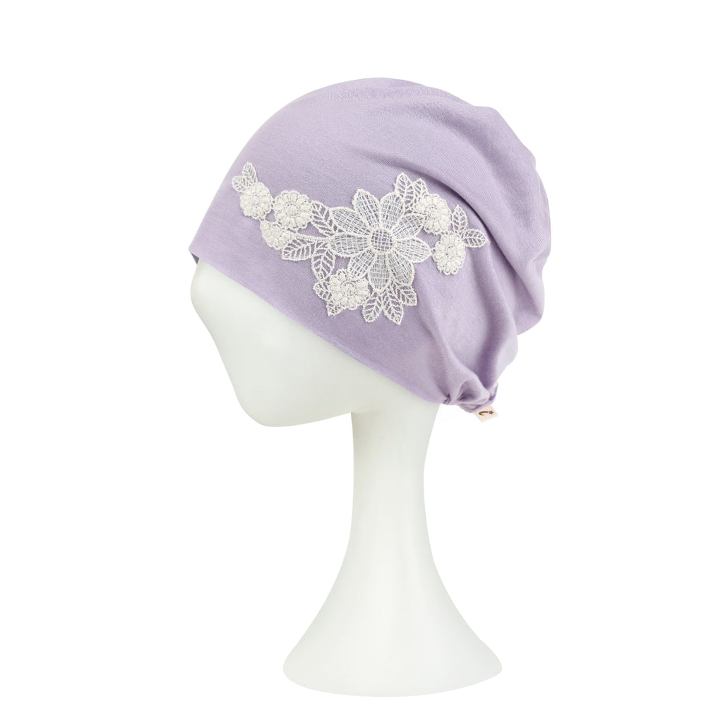 ililily Tencel Lyocell Flower Lace Motif Chemo Beanie Soft Head Cover Sleep Hat