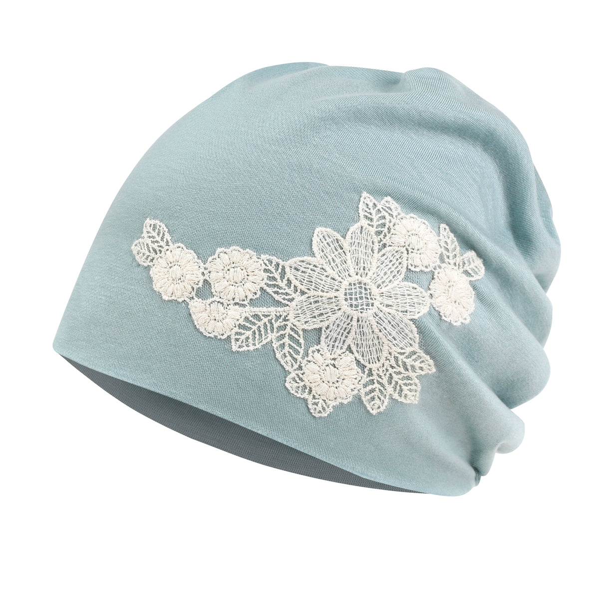ililily Tencel Lyocell Flower Lace Motif Chemo Beanie Soft Head Cover Sleep Hat