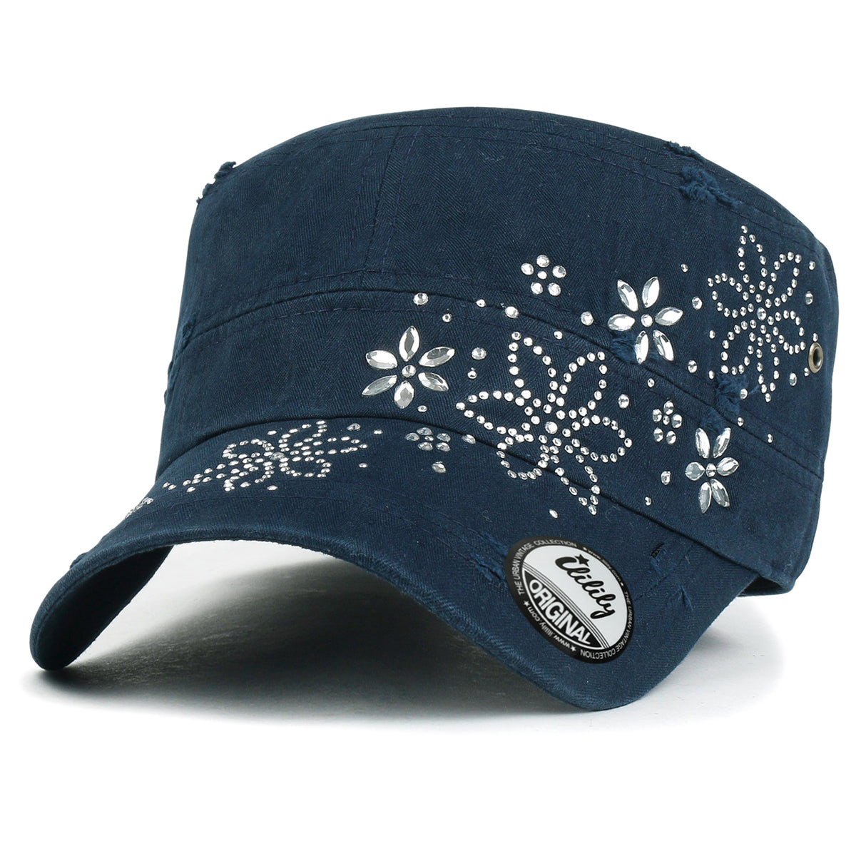 ililily Crystal Gemstone Stud Flower Vintage Cotton Military Army Hat Cadet Cap