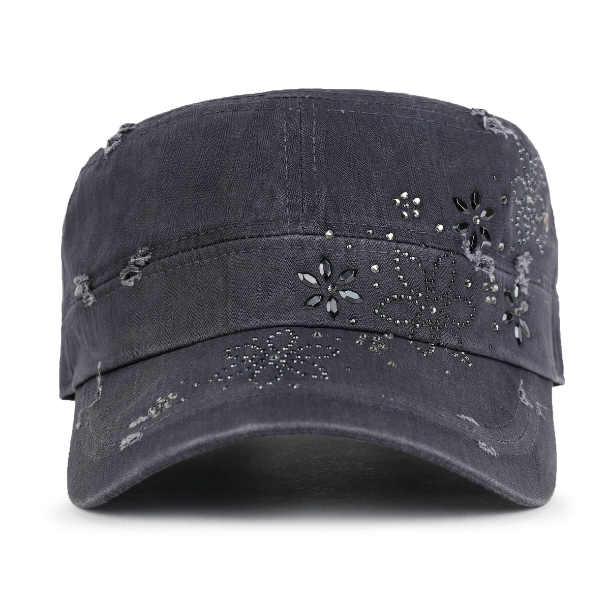 ililily Crystal Gemstone Stud Flower Vintage Cotton Military Army Hat Cadet Cap