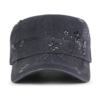 ililily Crystal Gemstone Stud Flower Vintage Cotton Military Army Hat Cadet Cap