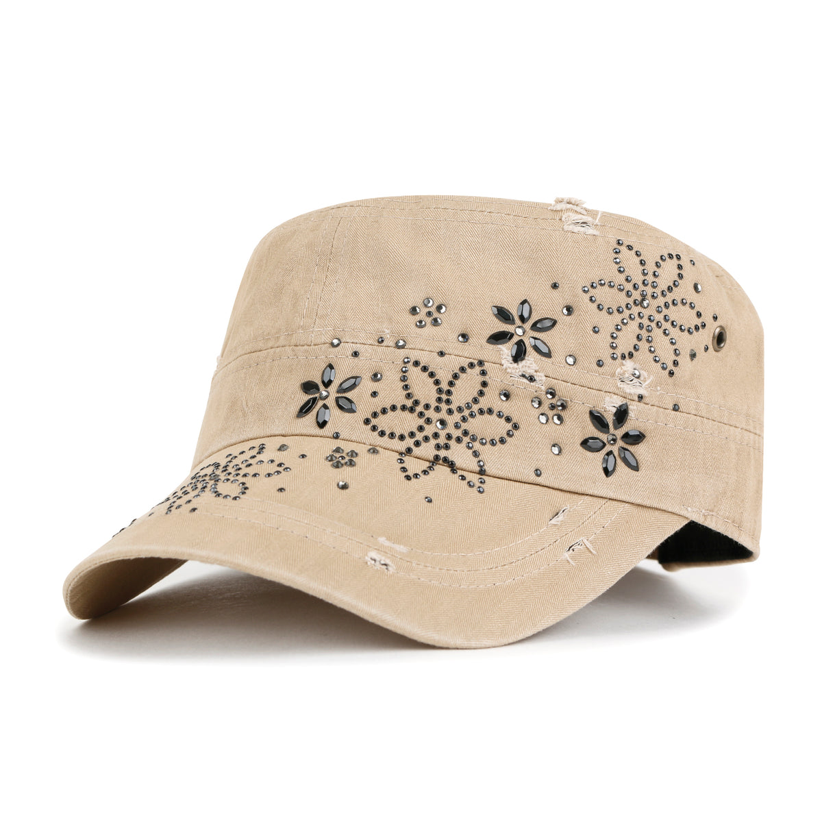 ililily Crystal Gemstone Stud Flower Vintage Cotton Military Army Hat Cadet Cap