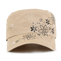 ililily Crystal Gemstone Stud Flower Vintage Cotton Military Army Hat Cadet Cap