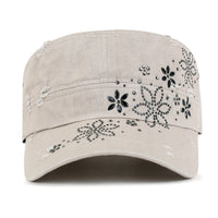ililily Crystal Gemstone Stud Flower Vintage Cotton Military Army Hat Cadet Cap