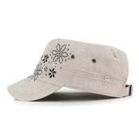 ililily Crystal Gemstone Stud Flower Vintage Cotton Military Army Hat Cadet Cap