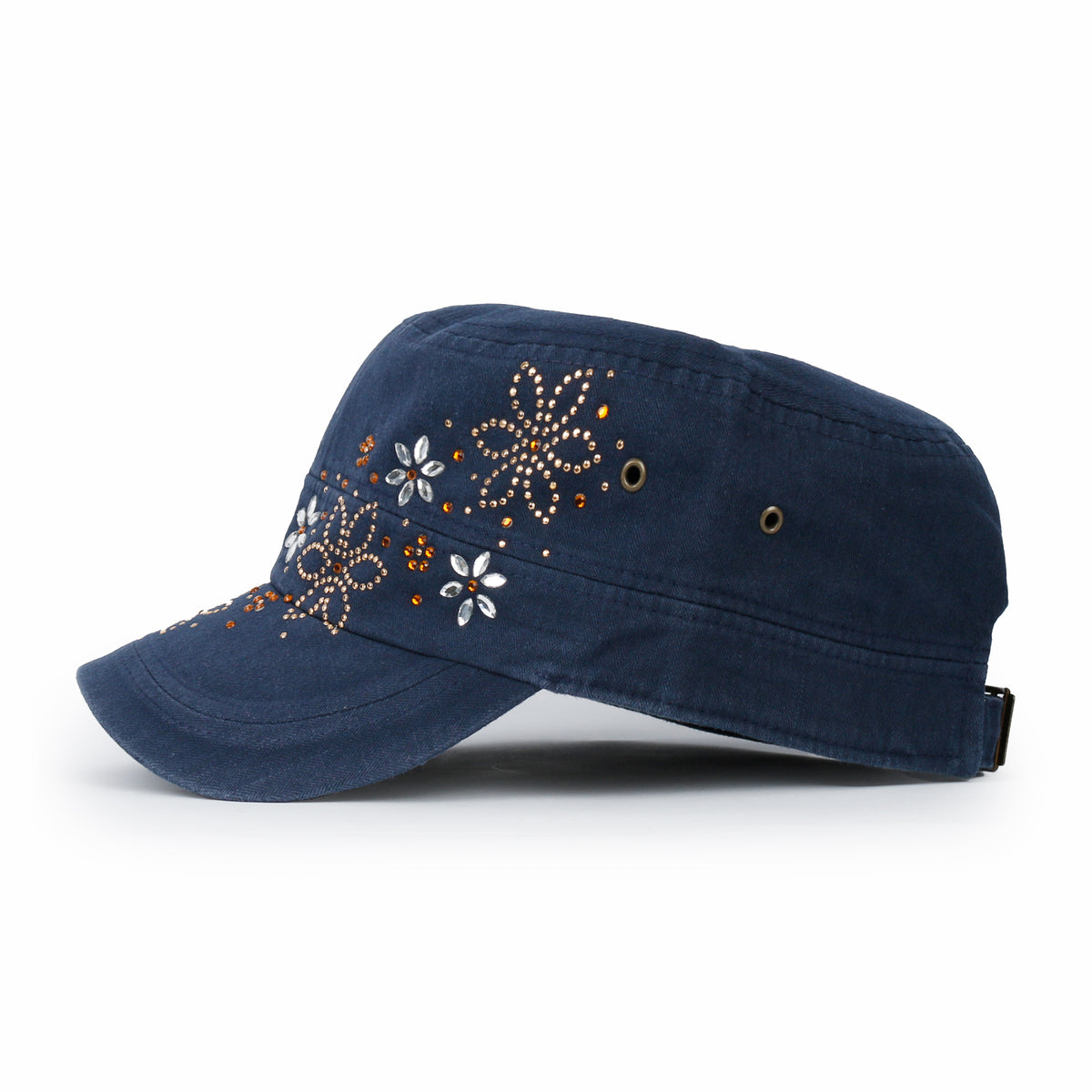 ililily Crystal / Black Gemstone Flower Vintage Military Army Hat Cadet Cap