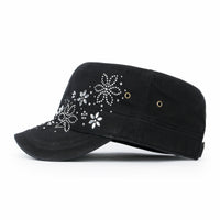 ililily Crystal / Black Gemstone Flower Vintage Military Army Hat Cadet Cap