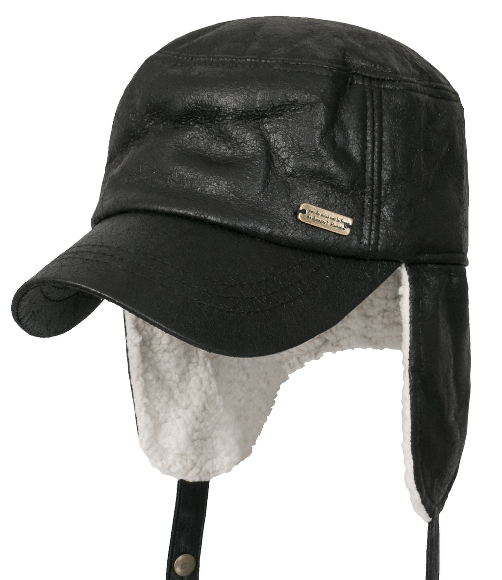 ililily Women Faux Leather Military Army Hat Sherpa Earflaps Flexfit Cadet Cap