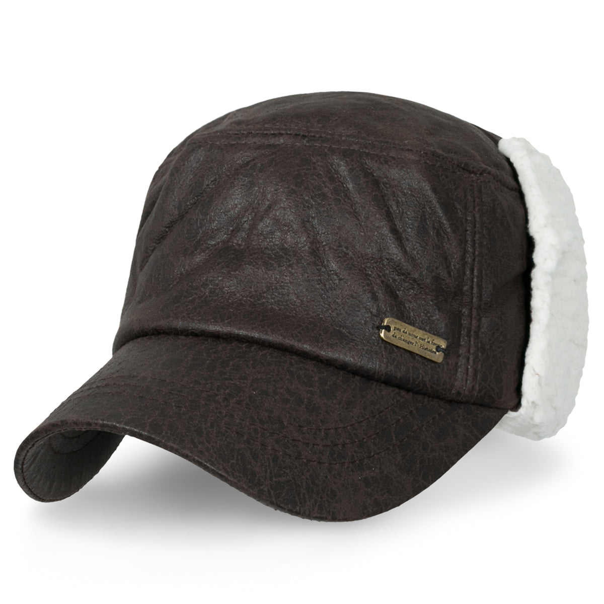 ililily Women Faux Leather Military Army Hat Sherpa Earflaps Flexfit Cadet Cap