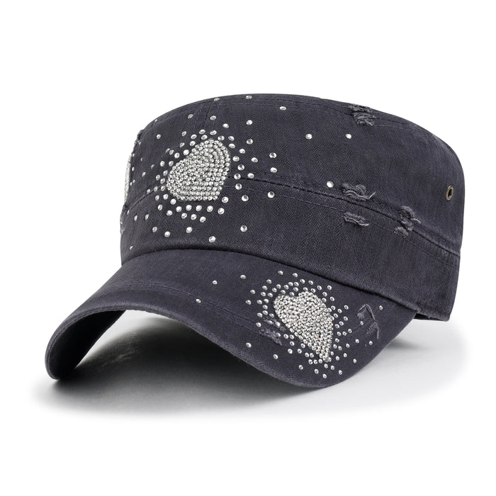 ililily Vintage Distressed Cotton Army Hat Heart Shape Rhinestone Cadet Cap