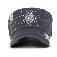 ililily Vintage Distressed Cotton Army Hat Heart Shape Rhinestone Cadet Cap