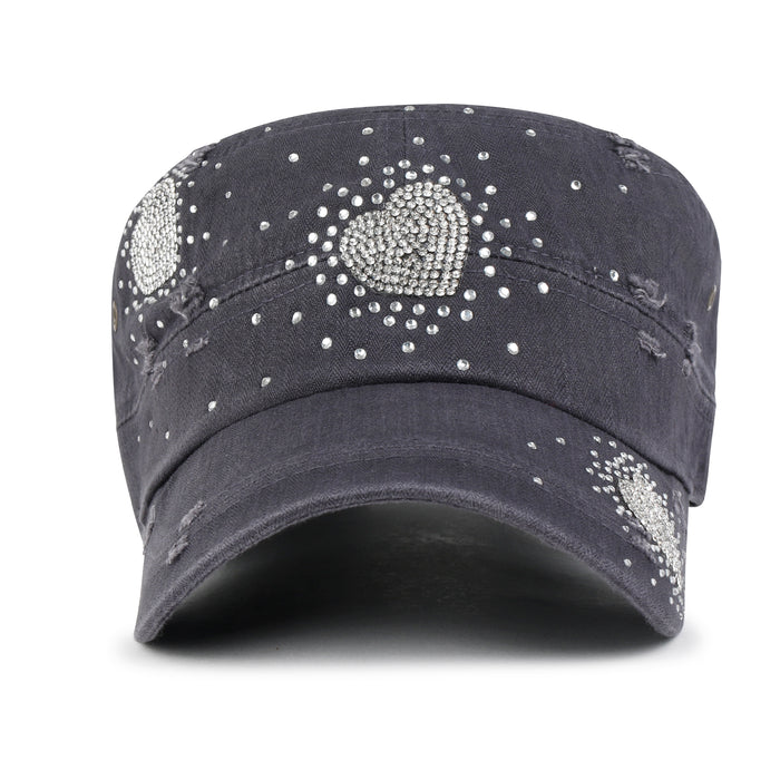 ililily Vintage Distressed Cotton Army Hat Heart Shape Rhinestone Cadet Cap