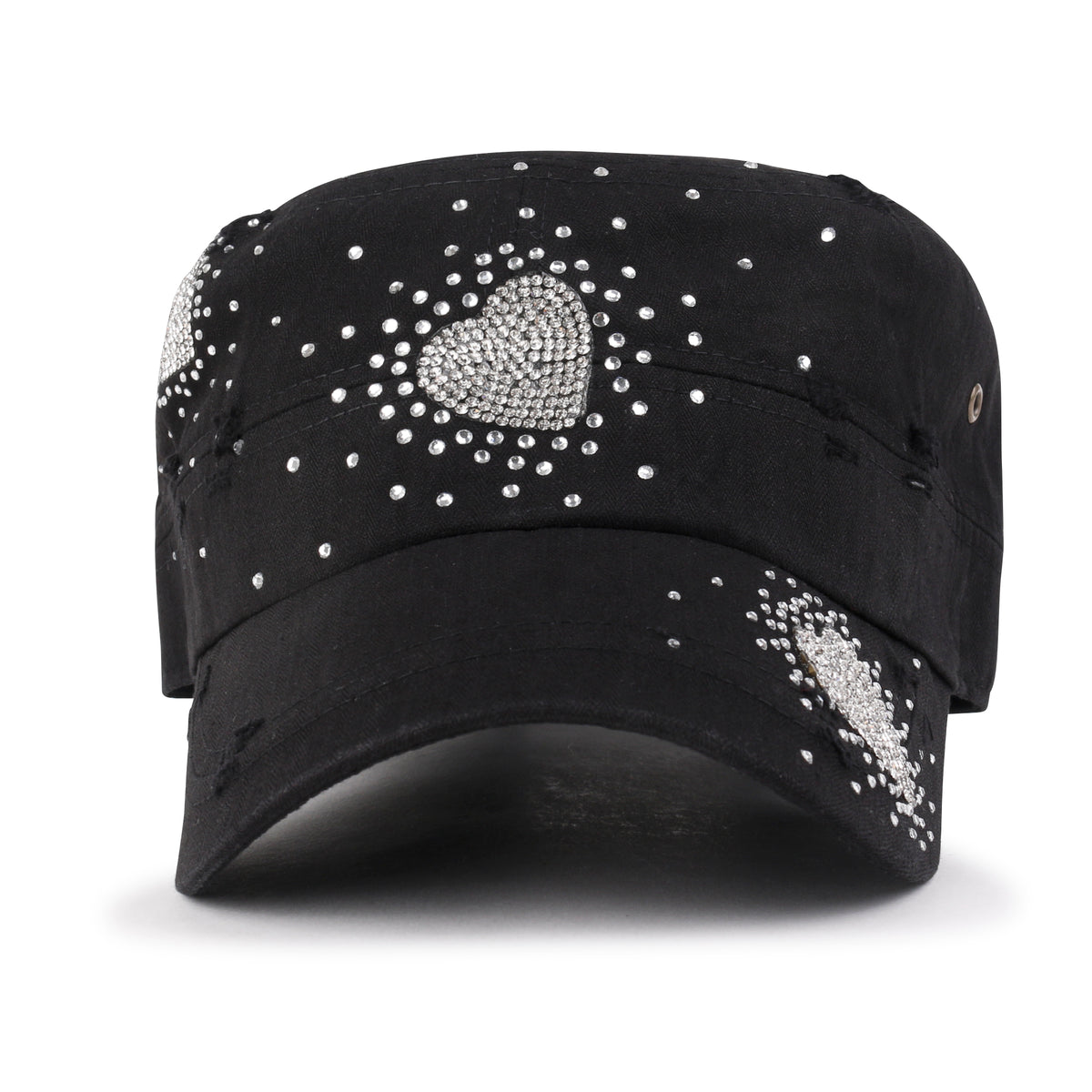 ililily Vintage Distressed Cotton Army Hat Heart Shape Rhinestone Cadet Cap