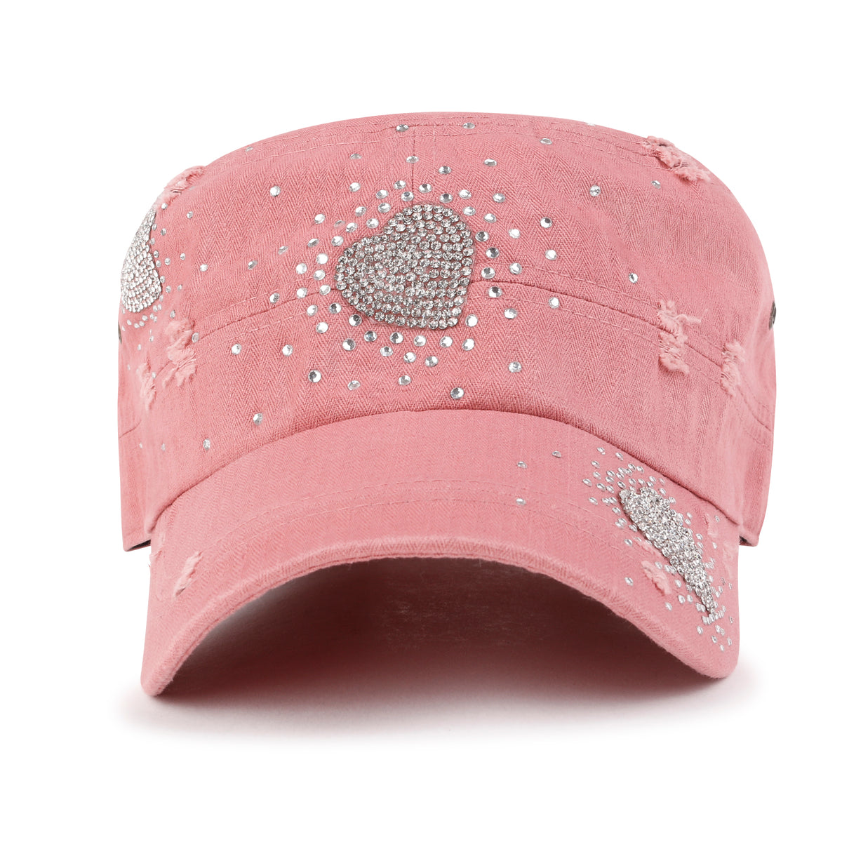 ililily Vintage Distressed Cotton Army Hat Heart Shape Rhinestone Cadet Cap