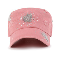 ililily Vintage Distressed Cotton Army Hat Heart Shape Rhinestone Cadet Cap