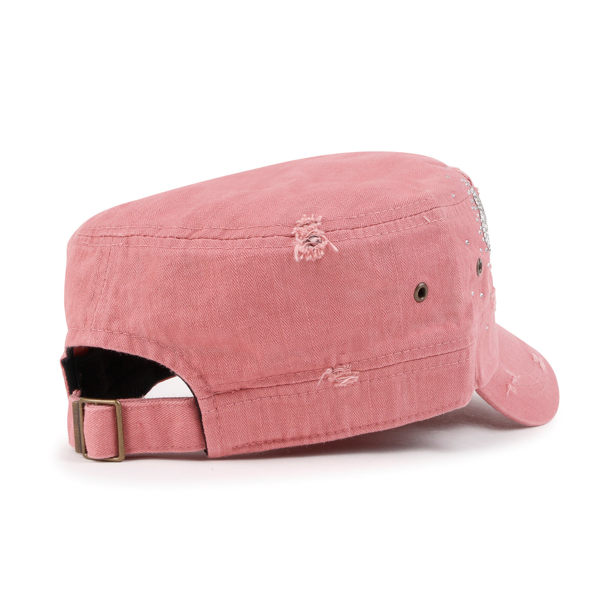 ililily Vintage Distressed Cotton Army Hat Heart Shape Rhinestone Cadet Cap