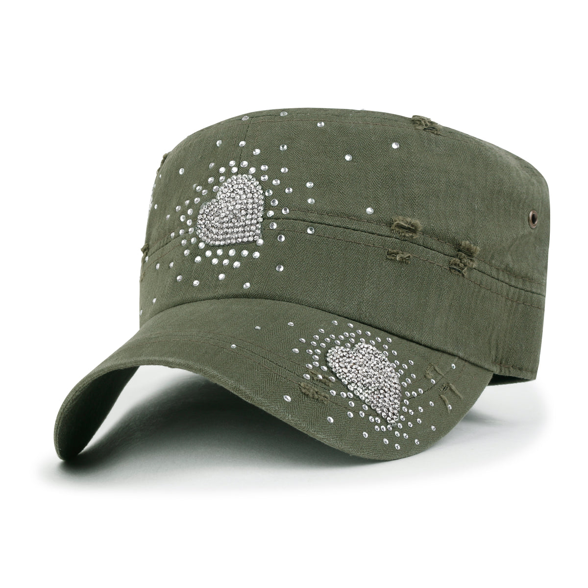 ililily Vintage Distressed Cotton Army Hat Heart Shape Rhinestone Cadet Cap