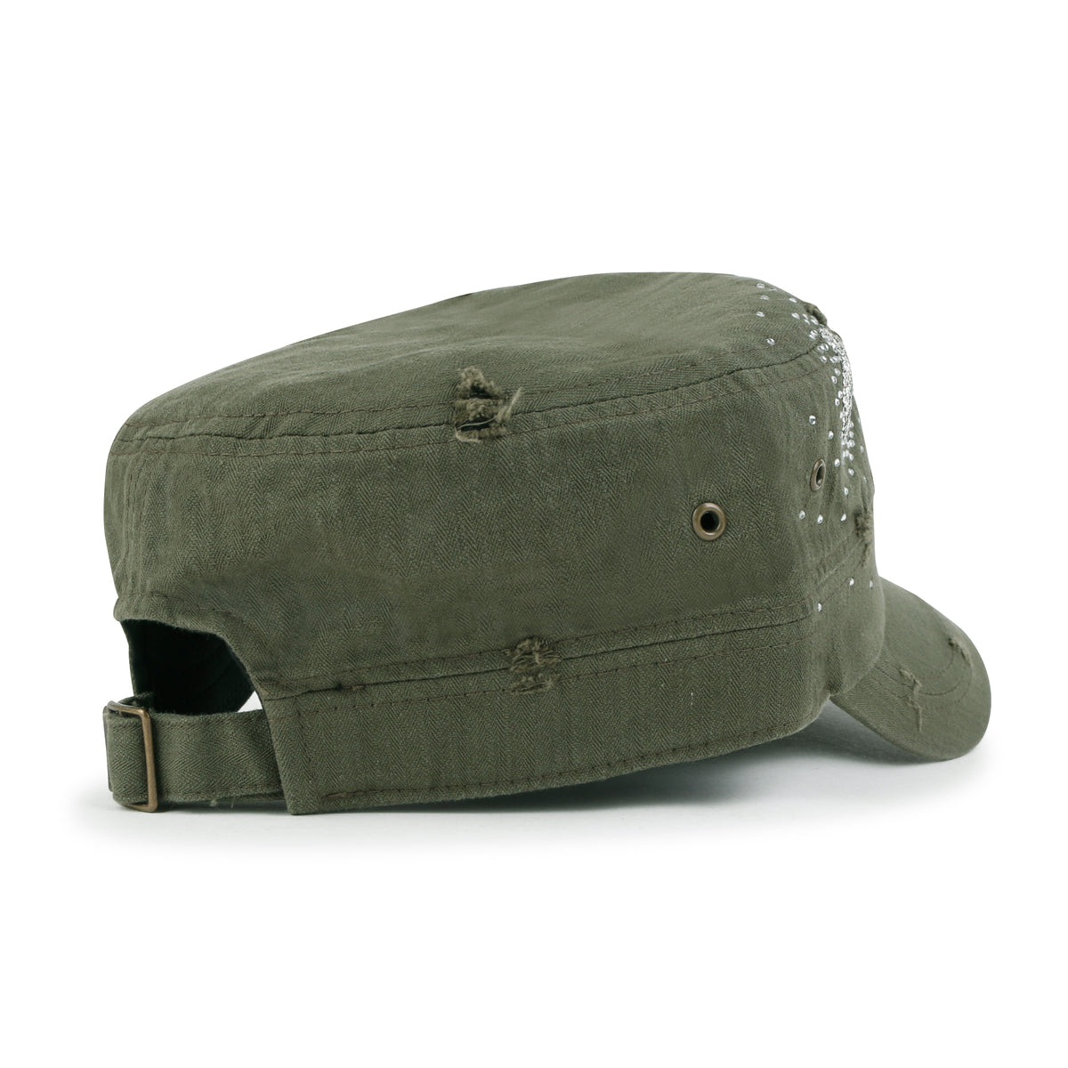 ililily Vintage Distressed Cotton Army Hat Heart Shape Rhinestone Cadet Cap
