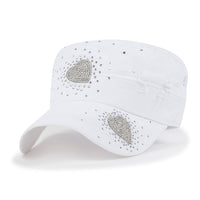 ililily Vintage Distressed Cotton Army Hat Heart Shape Rhinestone Cadet Cap