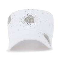 ililily Vintage Distressed Cotton Army Hat Heart Shape Rhinestone Cadet Cap